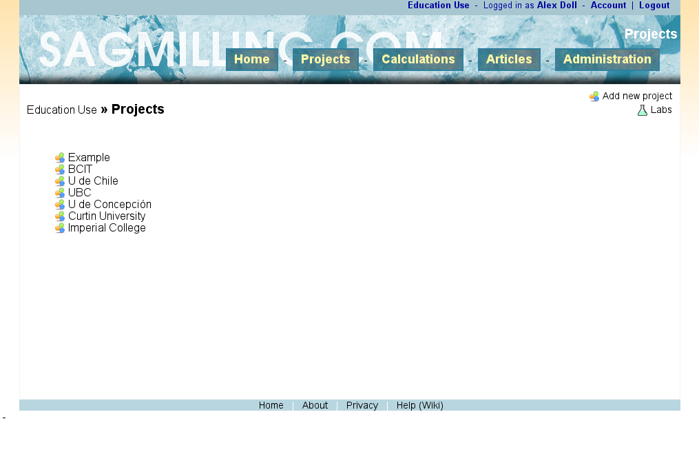 Screenshot of project list